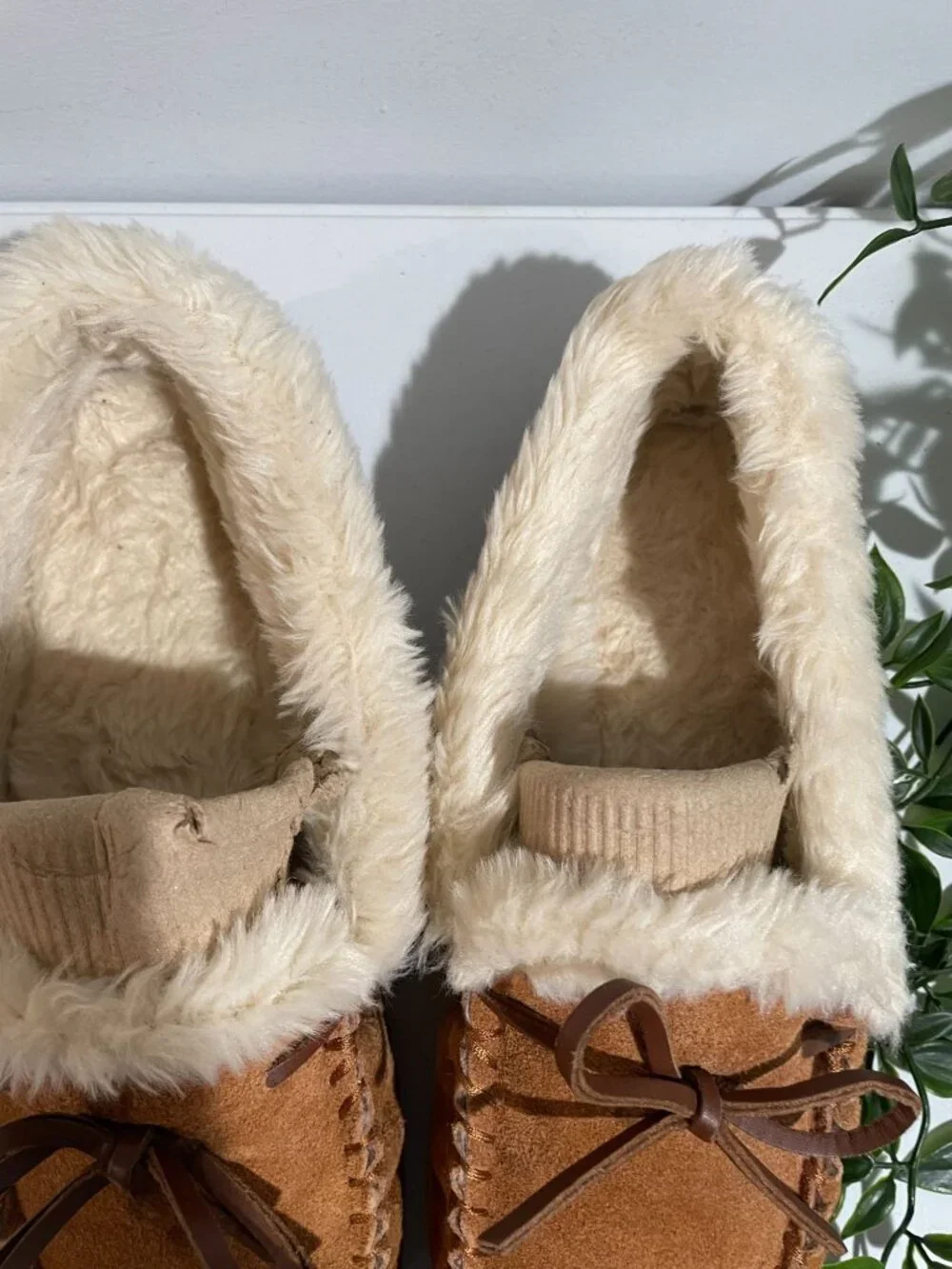 J.Crew Womens Faux Fur Lined Moccasin Slippers Size10 Suede Tan&Cream Rubber Sol